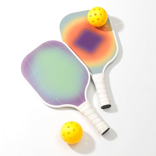 Pickleball Paddles Set, Premium Lightweight Fiberglass Surface Polypropylene Core Pickleball Rackets, Pickleball Set of 2 with 4 Outdoor Balls and Carry Bag for Beginners (Grid Fade)