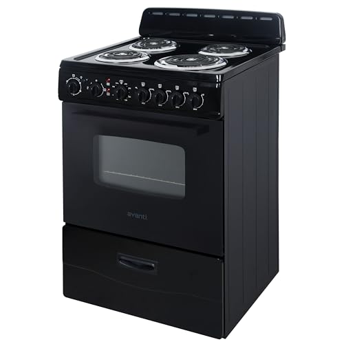 Avanti Electric Range Oven Compact Design, 2.6-Cu.Ft. Capacity with 4 Coil Burners, Framed Glass Oven Door, Storage Drawer and Broiler with Pan Perfect for Apartment RV Tiny Home, 24-Inch, Black