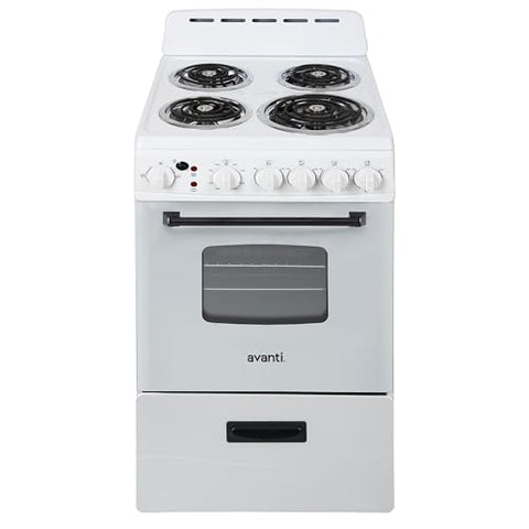 Avanti Electric Range Oven Compact Design, 2.1-Cu.Ft. Capacity with 4 Coil Burners, Framed Glass Oven Door, Storage Drawer and Broiler with Pan, 20-Inch, White