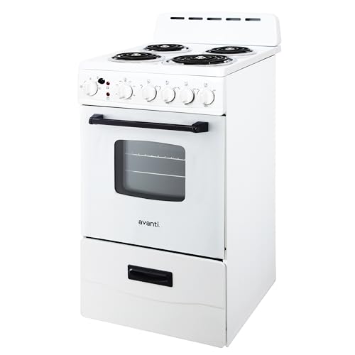 Avanti Electric Range Oven Compact Design, 2.1-Cu.Ft. Capacity with 4 Coil Burners, Framed Glass Oven Door, Storage Drawer and Broiler with Pan, 20-Inch, White