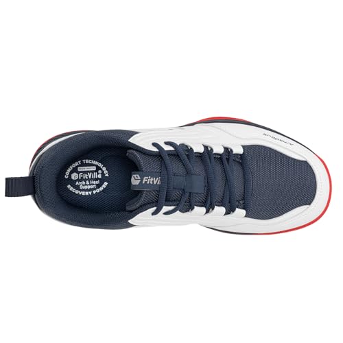 FitVille Tennis Shoes for Men Wide Mens Pickleball Shoes Breathable Court Shoes Racquetball Badminton Athletic Sneakers for All Courts | Arch Support | Energy Return (10.5 Wide, White & Navy Blue)