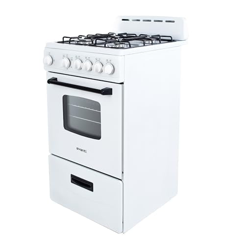 Avanti Gas Range Oven, Compact Freestanding Design, 4 Sealed Burners with Electronic Ignition, 2.1 Cu.Ft. Capacity Features Framed Glass Door Storage Drawer Broiler and Accessories, 20-Inch, White