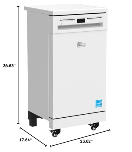 BLACK+DECKER 18” Portable Dishwasher, Compact Dish Washer with 8-Place Setting Capacity, Stainless Steel Tub, 6 Wash Programs, Worktop Space, Mobile Dishwasher with Casters, Faucet Connect, White