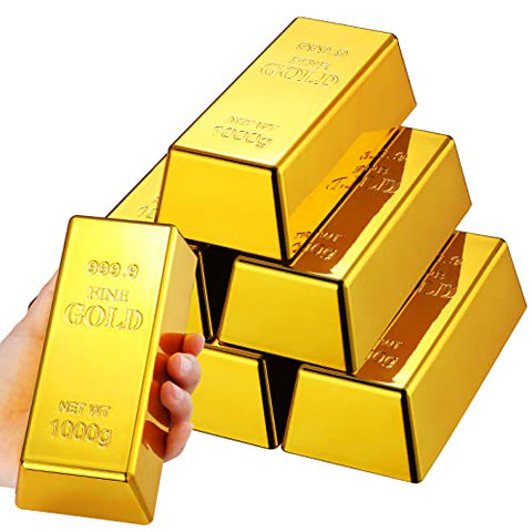 HyDren 6 Pcs Fake Gold Bar Replica Brick Bullion Glittering Movie Prop for Stage Decoration Halloween Pirate Costume Supplies Novelty Gifts Paper Weight Door Stop (Gold, 6.5 Inch)