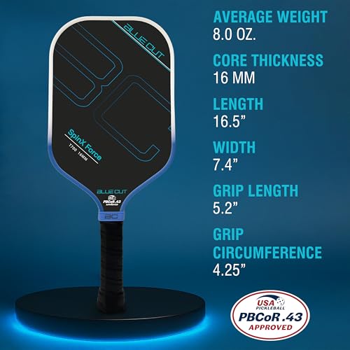 Blue Cut Pickleball Paddle – USAPA Approved Pickleball Paddles Racket with T700 Carbon Fiber, 16mm Honeycomb Core, Spin Surface, Pro Power Speed & Control – Includes Carry Bag