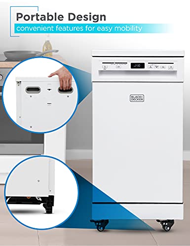 BLACK+DECKER 18” Portable Dishwasher, Compact Dish Washer with 8-Place Setting Capacity, Stainless Steel Tub, 6 Wash Programs, Worktop Space, Mobile Dishwasher with Casters, Faucet Connect, White
