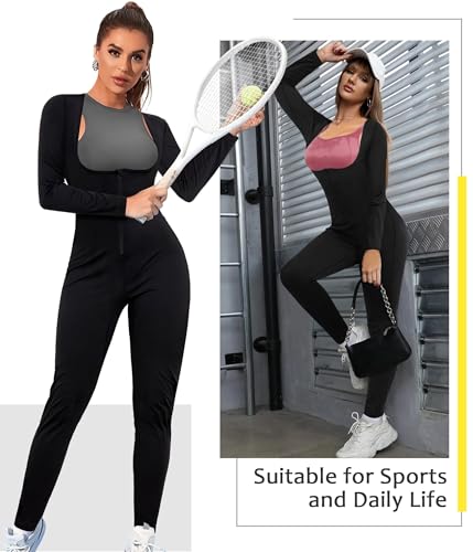 Junlan Sauna Suit for Women Full Body Compression Suit Sweat Jumpsuit Waist Trainer for Working Out(Black,Large)