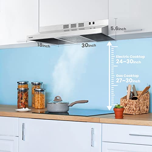 Comfee CVU30W2AST Range Hood 30 Inch Ducted Ductless Vent Hood Durable Stainless Steel Kitchen Hood for Under Cabinet with 2 Reusable Filter, 200 CFM, 2 Speed Exhaust Fan Silver