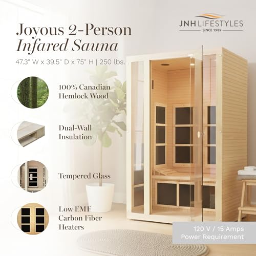 JNH Lifestyles Joyous 2-Person Low EMF FAR Infrared Sauna with Color Light Therapy for Home Indoor Spa Use - 7 Carbon Fiber Heaters, Canadian Hemlock Wood