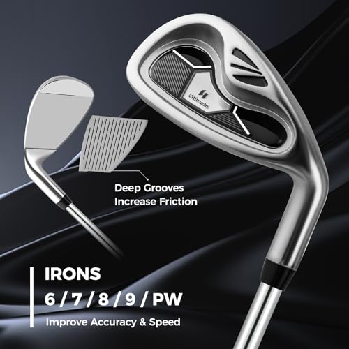 ULTIMATE Men's Golf Club Set, Complete Golf Club Package Set w/ #1 Driver,#3 Fairway Wood w/Headcover,#4 Hybrid,#6/#7/#8/#9 Irons, Pitching Wedge, Putter (Dark w/Bag)