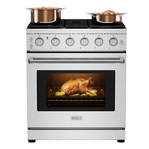 Empava Gas Range,True Convection Oven 4.55 Cu. Ft, 5 Deep Recessed Burners Cooktop, Heavy Duty Continuous Grates in Stainless Steel with Storage Drawer, Freestanding & Slide-In,30 Inch