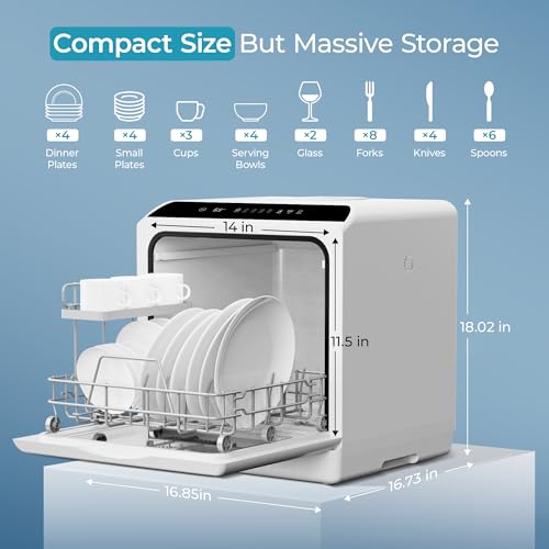 EUHOMY Countertop Dishwasher Portable with 6 Programs, 5L Built-in Water Tank for Apartments & RV, 167℉ High-Temp, No Hookup Needed, Mini Dishwasher with Baby Care, Air Dry/Quick/ECO/Fruit/Normal Mode