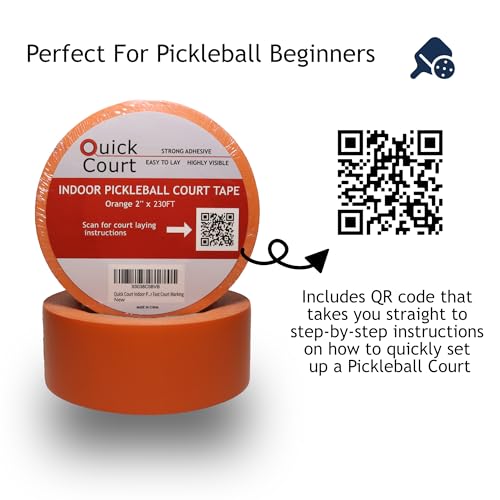 Quick Court Indoor Pickleball Court Tape - Zero Residue, Long Lasting, 2" x 230FT, Pickleball Court Marking Tape with Instructions Included for Fast Court Marking (Orange)