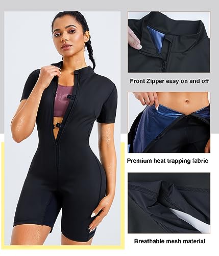 Junlan Sauna Suit for Women Full Body Jumpsuit Waist Trainers for Women Belly Fat Workout Sweat Suit(Black,Large)