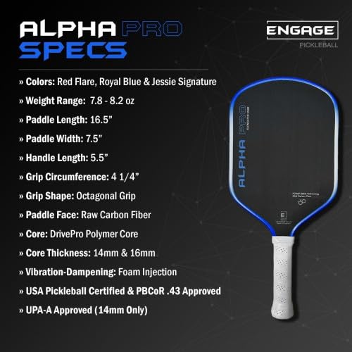 Engage Pursuit Alpha Pro 14mm Pickleball Paddle - Raw Carbon Fiber Face, 8.0 oz Elongated Speed Paddle for Aggressive Play (Red Flare)
