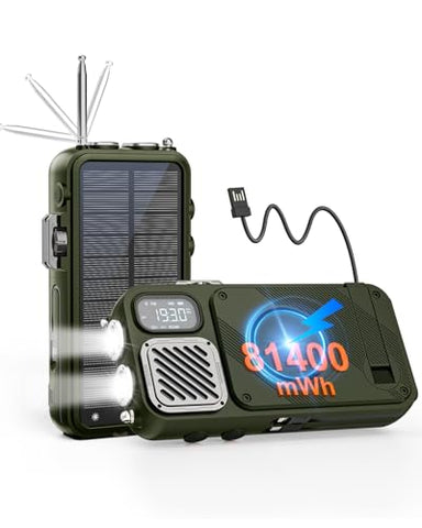 Emergency Radio&22000mAh Solar Power Bank, FM NOAA Weather Radio, Portable Hand Crank Bluetooth Radio, 20W Fast Charge Wireless Phone Charger, SOS Flashlight for Emergency/Home