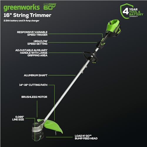 Greenworks 60V 16" Brushless Cordless String Trimmer - 65min Runtime for 2-Mile Fence Lines & Large Properties, 2X Quieter Than Gas, 2.5Ah Battery/Charger Included
