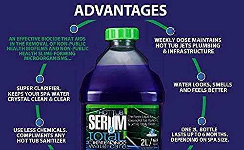 Hot Tub Serum, A Weekly Maintenance Hot Tub Cleaner/Clarifier/Conditioner/Softener All-in-One 2 Liter (24 Weekly doses), Inflatable Hot Tub Chemicals for Complete Hot Tub Treatment