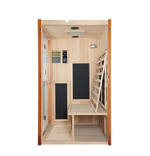 Woodbridge Infrared Home Sauna Room 2 Person Japanese Cedar Indoor Sauna with 7 Carbon Heaters, Red Light Therapy, Bluetooth Speaker, Intelligent Control Panel, Tempered Glass & Top Vent