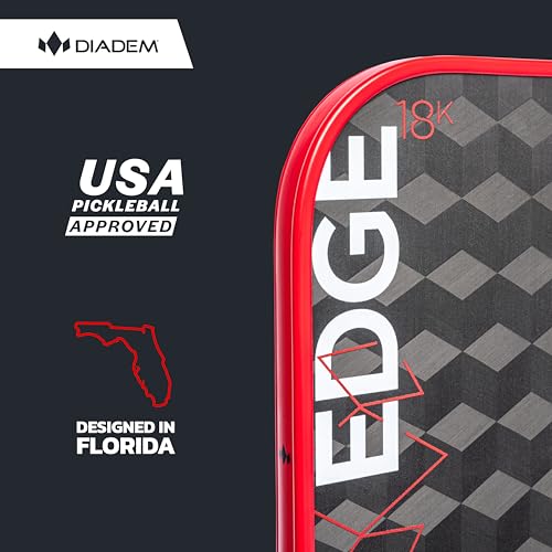 Diadem Edge 18K Pickleball Paddle USAPA Approved | 18K Carbon Fiber Face for Spin & Control | 16mm Control Paddle, Red