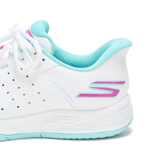 Skechers Women's Viper Court Reload Hands Free Slip-Ins Pickleball Sneaker, White/Turquoise/Pink, 8