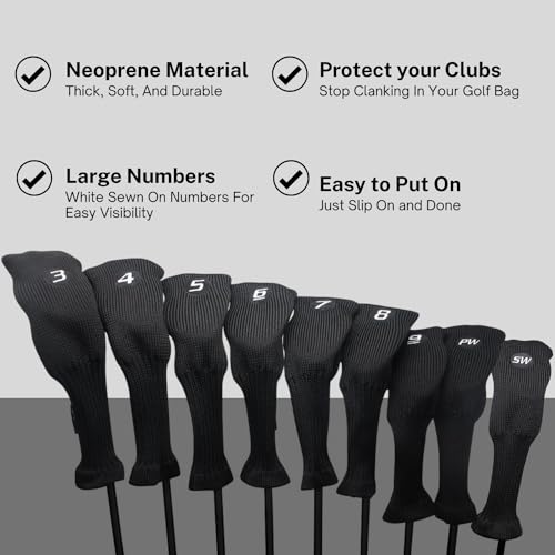 Majek All Hybrid Golf Club Black Sleek Tight Fit Headcover Set 3-SW Acrylic Head Covers 3 4 5 6 7 8 9 PW SW (Total of 9 Hybrid Head cover Set)