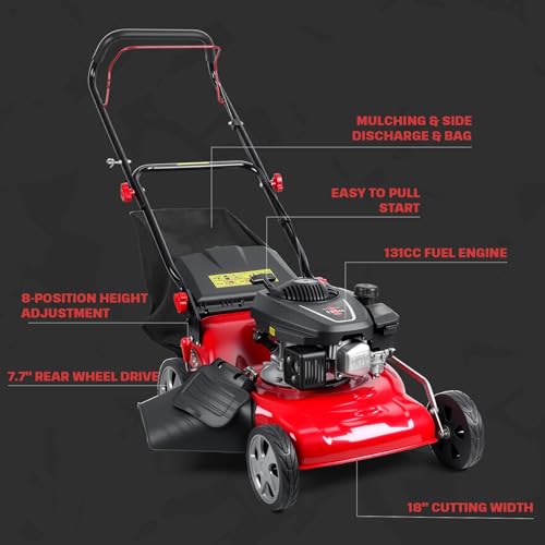 3 in 1 Gas Lawn Mower Self Propelled Self Propelled Gas Lawn Mower, 131cc Engine with Air Cooling, 50L Grass Tank, Foldable Design Red, Big Wheels & Easy Start