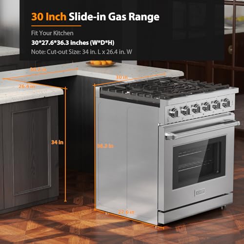 Empava Gas Range,True Convection Oven 4.55 Cu. Ft, 5 Deep Recessed Burners Cooktop, Heavy Duty Continuous Grates in Stainless Steel with Storage Drawer, Freestanding & Slide-In,30 Inch