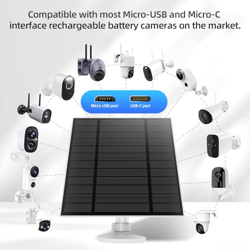5W Solar Panels for Security Camera, Solar Panel with Micro USB & USB-C Port for DC 5V Outdoor Rechargeable Battery Camera, IP65 Waterproof, 360° Adjustable Security Mount, 9.8ft Cable（1PC）