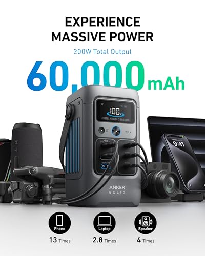 Anker SOLIX C200 DC Power Bank Station, 192Wh Portable Power Station, LiFePO4 Battery, 200W Solar Generator, for Outdoor Camping, Traveling, and Emergencies (No Wall Charger Included)