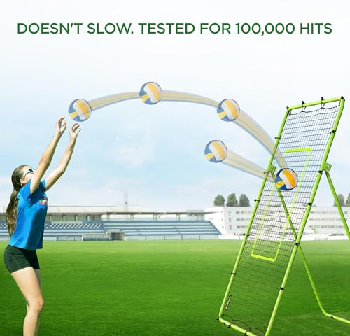 Volleyball Rebounder Net Lacrosse Rebounder Bounce Back Equipment with 5 Adjustable Rebound Angles Ground Stakes Neon Strap for Lacrosse Training and Volley Ball Practice 7x4 ft Color Green