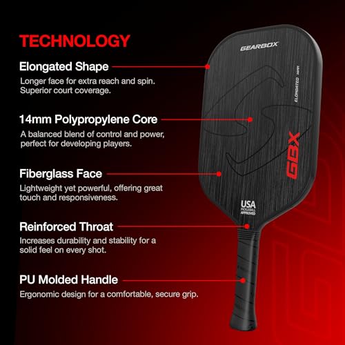Gearbox GBX 8.0 oz Elongated Pickleball Paddle – Premium T700 Carbon Fiber Face with Hyper Spin & Power1 Technology – Durable 16mm Polypropylene Honeycomb Core – Pro Performance Paddle