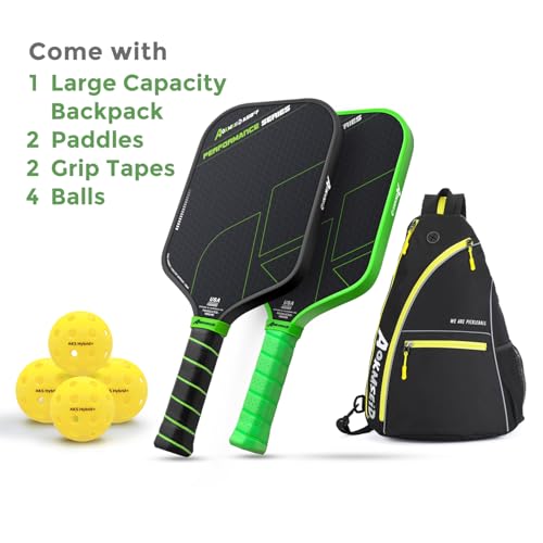 AKS Pickleball Paddle Set of 2 Premium Pickleball Paddles with T700 Raw Carbon Fiber Surface & 16mm Power Polymer Core, USAP Approved Rackets Designed for Ultimate Spin & Consistency - Blackgreen