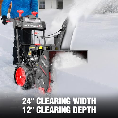 PowerSmart 24-inch Snow Blower Gas Powered, Two-Stage 252cc Engine with Electric Start, Self-Propelled, LED Headlight