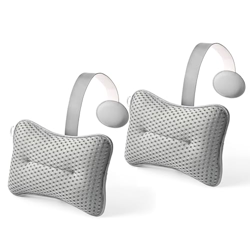 HUGABOW 2-Pack Large Pillow for Hot Tub (Grey), Spa, and Chaise Lounge - Universal Headrest & Neck Support Cushion, Adjustable Height with Long Strap, Easy Drying with Hook (2-Pack)