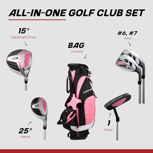 Precise XD-J Kids Golf Clubs Set – Boys’ & Girls’ Junior Golf Set with Lightweight Graphite Shafts, Hybrid, Putter & Stand Bag - Pink Ages 6-8 – Right-Handed