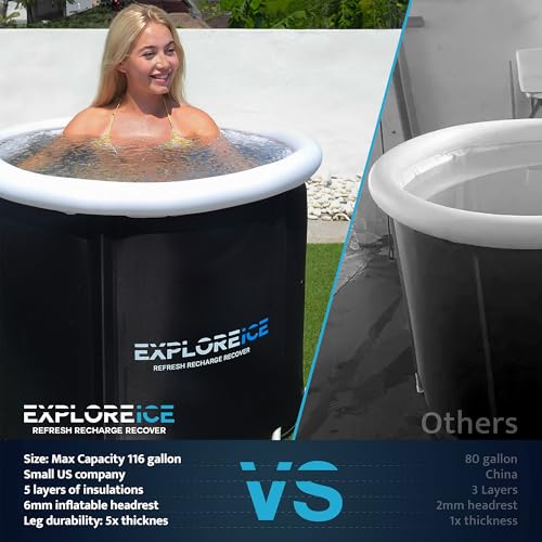 Explore Ice Bath Pro Max Extra Large Outdoor Inflatable Portable Athlete Cold Water Therapy Plunge Barrel Bath Tub with Lid and Carry Bag, Black/White