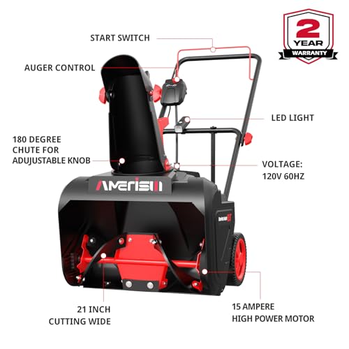 AMERISUN Electric Snow Blower, 21-Inch Corded Snow Thrower, 15-Amp, with LED Light for Yard Driveway Deck(AM7521)