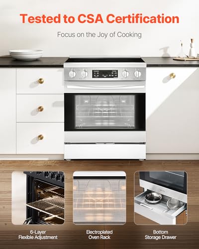 VEVOR 30in Electric Range Oven, 4.8Cu. Ft. Capacity Compact Freestanding Oven, Stainless Steel Kitchen Stove, with 4 Cooktop Burners, Easy Reach Racks, Storage Drawer, Indicator Light(No Power Cord)