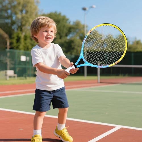 vgainwells 17"-23" Kids Tennis Racket for Aged 2-9, Lightweight and Durable,Including 1 Replacement Grip Tapes and 1 Toddler Tennis Racket（Yellow+Blue）