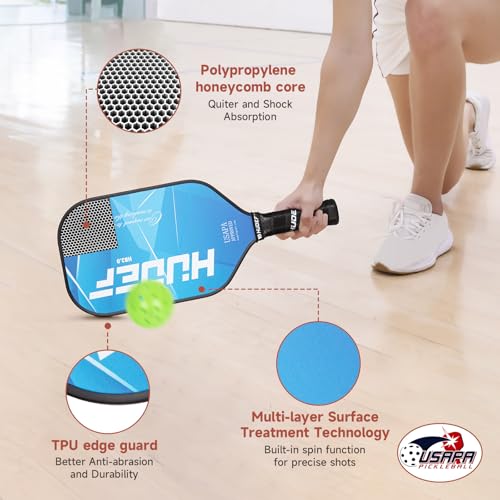 HUDEF Pickleball Paddle USAPA Approved, Lightweight Carbon Fiber Face and Polypropylene Honeycomb Core Pickleball Racket with Cover, Elongated Handle and Cushion Comfort Grip Pickle Ball Paddle Blue