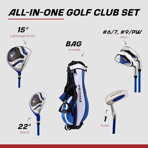 Precise X7 Junior Complete Kids Golf Clubs Set - Boys & Girls Right Handed Kids Golf Set w/ Driver, Hybrid, Irons, Putter, Stand Bag & Headcovers - Youth Golfing Clubs Sets for Ages 9-12 - Blue