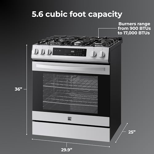 Kenmore 5.6 cu. ft. Front Control Gas Range Oven with 5 Cooktop Burners - Ultra Durable Chrome Racks, Turbo Boil, Hidden Bake, Dishwasher-Safe Grates, Storage Drawer, LP Kit - Stainless Steel