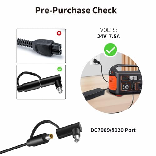 24V 180W Charger Power Supply Adapter with DC7909 + DC8020 for Jackery/BLUETTI/Anker/GRECELL/Goal Zero Yeti Portable Power Station Solar Generator 167Wh 240Wh 293Wh 518Wh Lithium Battery Power Cord