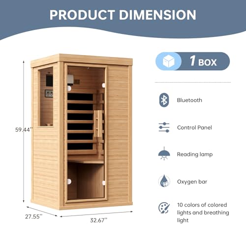 SunSwell Wood Infrared Sauna, 1 Person Traditional Red Light Sauna, Canadian Hemlock Indoor Dry Sauna Spa Room for Low EMF with Bluetooth Speakers and Control Panel, 32.67"x 27.55"x 59.44"