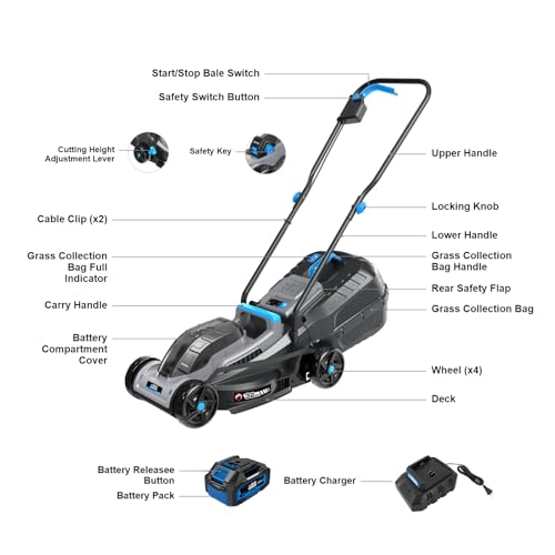 ROYAL GARDEN 13 Inch Lawn Mower Cordless Electric Walk Behind Push Mower with 5-Height Adjust Portable & Lightweight Push Battery Powered Lawn Mower (4.0AH Battery & Charger Included)