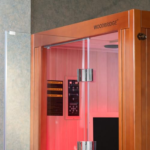 Woodbridge Infrared Home Sauna Room 2 Person Japanese Cedar Indoor Sauna with 7 Carbon Heaters, Red Light Therapy, Bluetooth Speaker, Intelligent Control Panel, Tempered Glass & Top Vent
