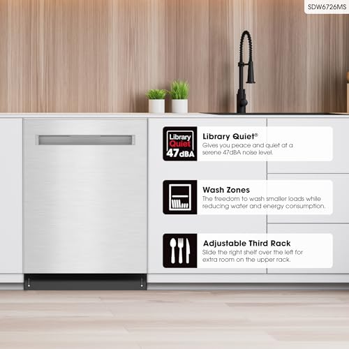 Sharp SDW6726MS 24-inch Stainless Steel Dishwasher, 47 dB Library Quiet, Third Rack, Power Wash Sprayer, 12 Place Settings,