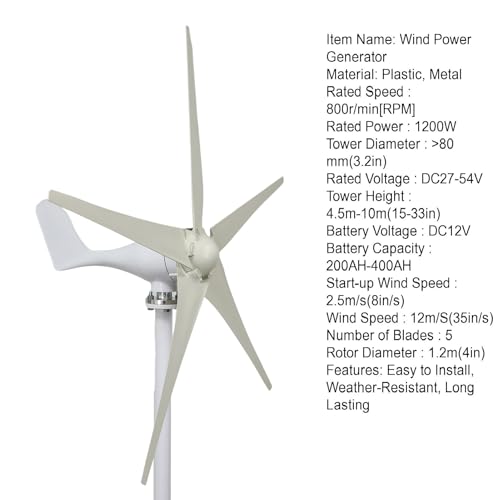 Wind Power Generator,1200W Wind Turbine Generator Kit with 5 Blades, Winds Turbine Kit with MPPT Controller Energy Windmill Generator Suit for Boats, Gazebos, Chalets, or Mobile Homes White