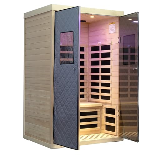 Smart App Control 2 Person Ultra Low EMF (＜5mG) Far Infrared Sauna for Home,1780W Hemlock Indoor Sauna Spa with Touch Panel, Insulation Cover, Bluetooth Speaker, Chromatherapy Light, Reading Light